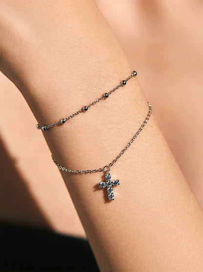 S925 Sterling Silver Double Layer Cross Bracelet - 1613